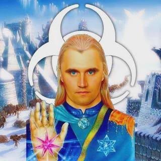 Ashtar before a biohazard sigil