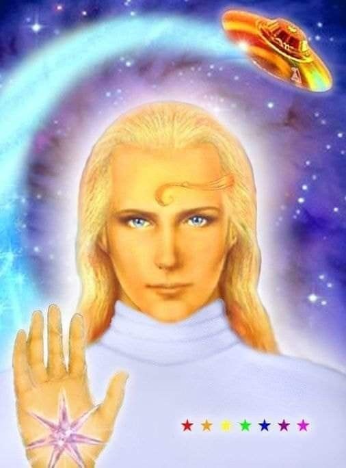 Ashtar portrait, hand raised, pink star
